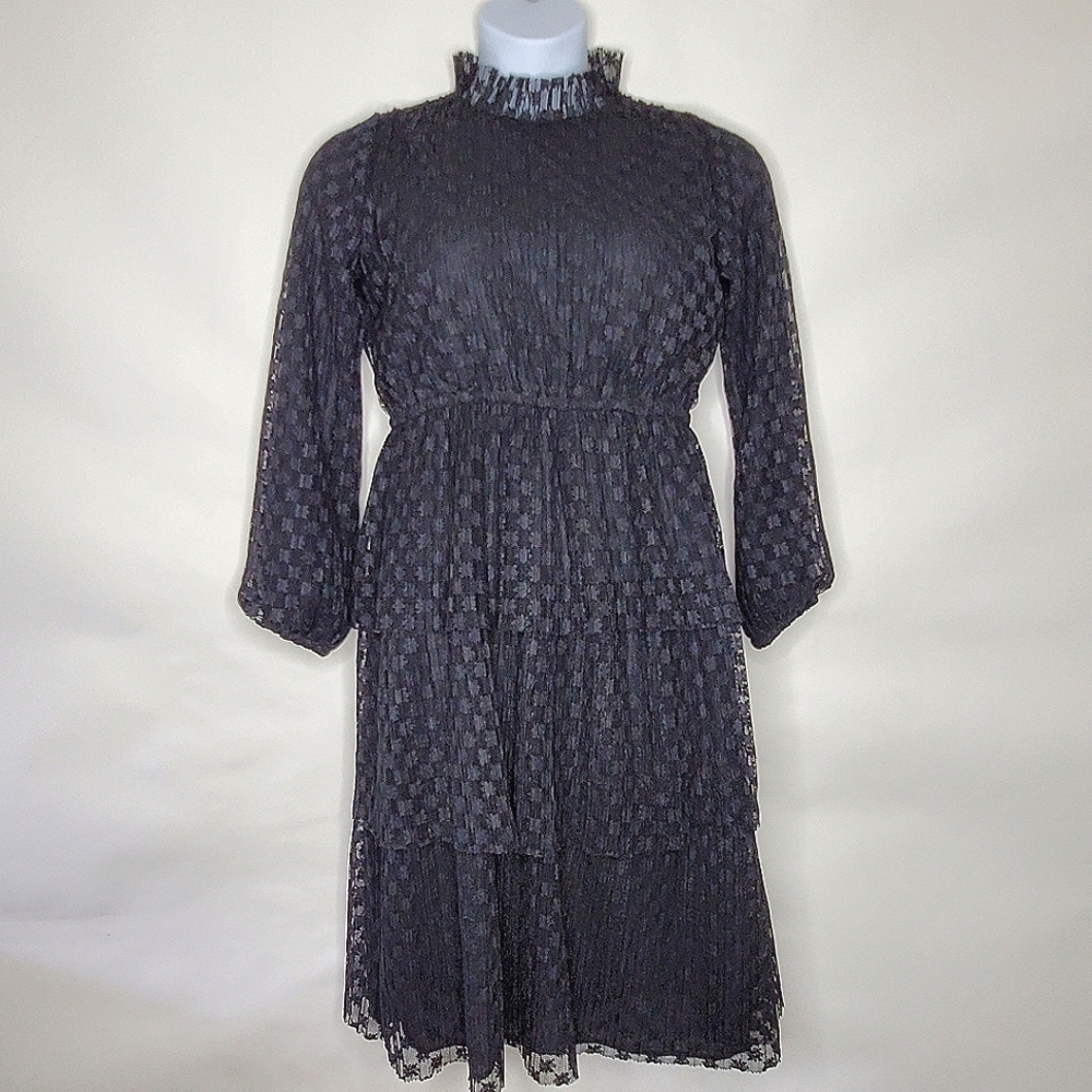 Black Lace Tiered Midi Dress L Ruffled‎ Mesh High Neck Dark Romantic Whimsigoth